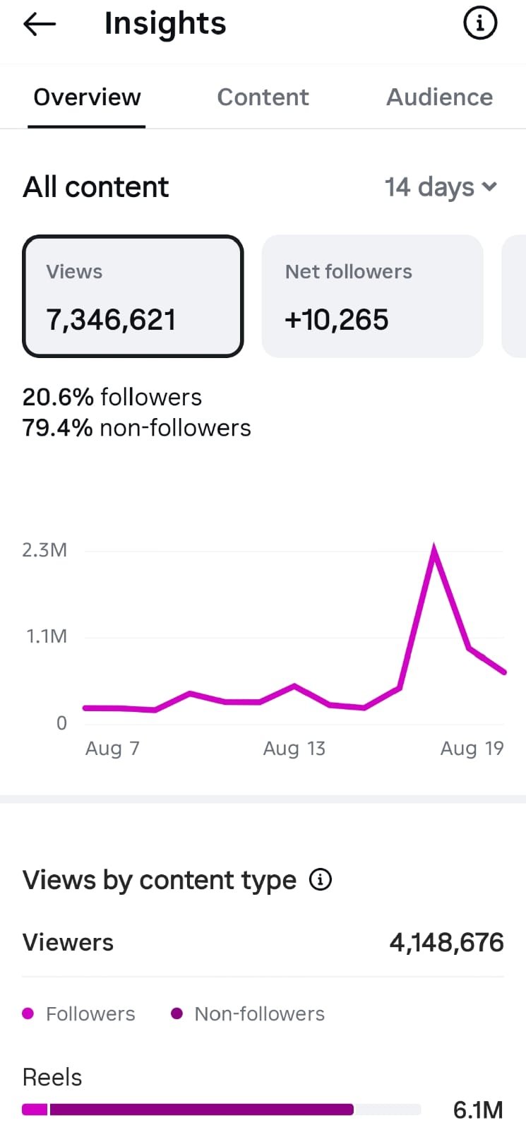 Instagram Insights showing 7.3 million views and 10,265 net followers